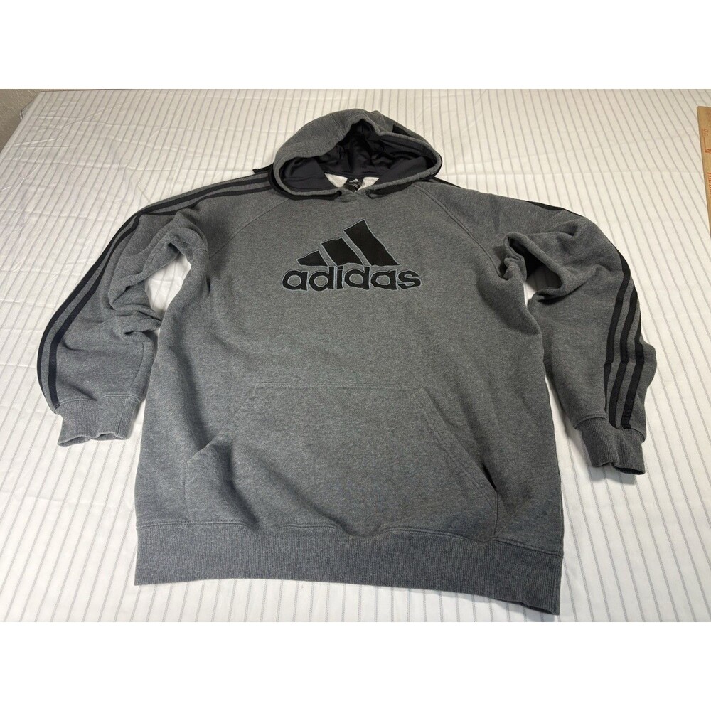 adidas Fleece Pullover Hoodie Gray Black XL Kangaroo Pocket Drawstring Hood Logo
